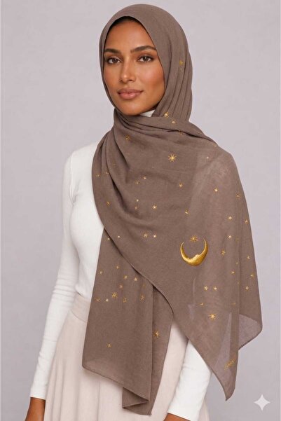 Veil Designer طرحه ليالي طTaupe Brown طبقتين بتطريز علي كامل الطرحه نجوم و هل...
