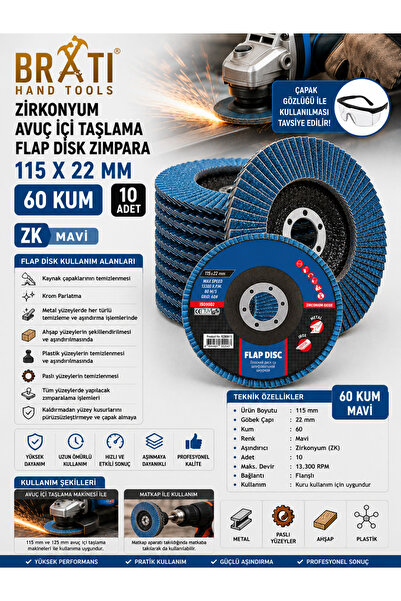 BRATİ HAND TOOLS قرص صنفرة من الزركونيوم مقاس 115 × 22 مم، حبيبات 60 ZK (10 قطع)