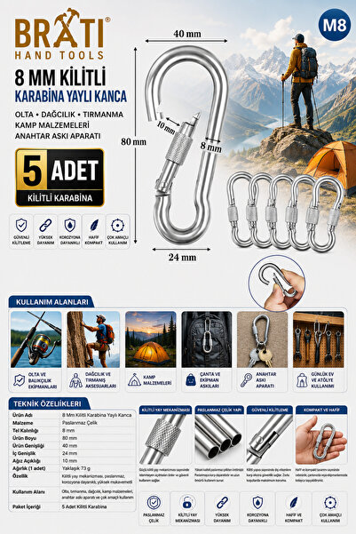 BRATİ HAND TOOLS 8 Mm Kilitli Karabina Yaylı Kanca Olta Dağcılık Tırmanma Kam...