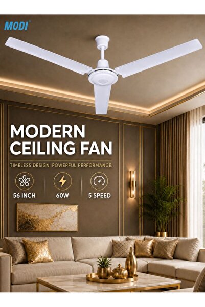 modi 60W Ceiling Fan, 56 Inch 3-Blade White Ceiling Mounted Fan, Low Noise Ai...