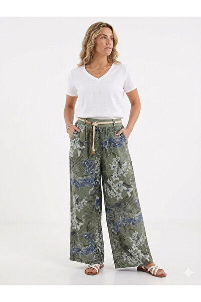 della moor Women's Khaki Italian Floral Patterned Straw Belted Wide Leg Linen...
