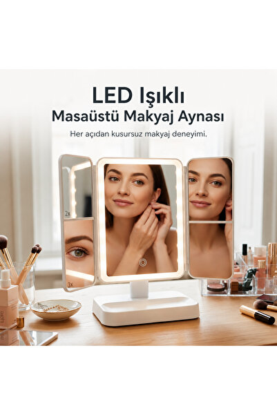 Bubitechh LED Işıklı Masaüstü Makyaj Aynası Şarjlı Ayarlanabilir 2X 3X Büyütm...