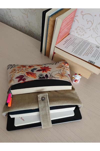 Talay Accessories Velvet Textured Book Cover |   Autumn Leaf Patterned Fabric Book Protector with Snap Closure