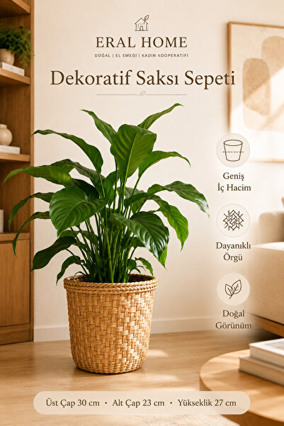 SS ERAL KOOP El Örmesi Hasır Saksılık Dekoratif Büyük Boy Saksı Sepeti 30x28 cm