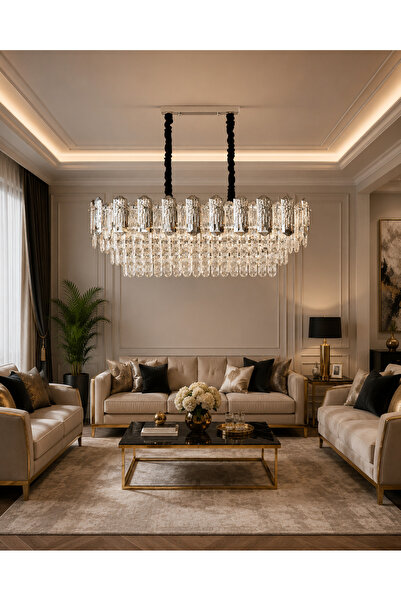 Led YENİ OVAL KRİSTAL LÜX SALON AVİZESİ 10 AMPÜL KROM RENK