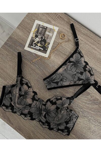 arona lingerie Balenli Sütyen Takımı Siyah Çiçekli Dantelli Iç Çamaşırı Takımı