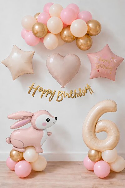 Patladı Gitti Pink Rabbit 6Th Birthday Balloon Set