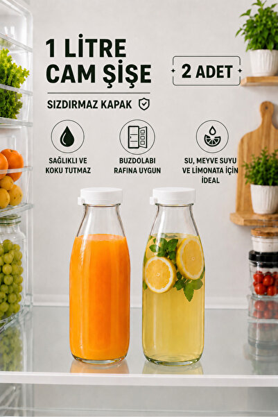 Tanemce 2 Adet Beyaz Plastik Kapaklı 1 Litre Şeffaf Sürahi Süt, Ayran, Su, Li...