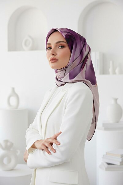 Vissona %100 Twill İpek Büyük Çiçek Desenli Mürdüm - Lila Renkli 90x90 Eşarp ...