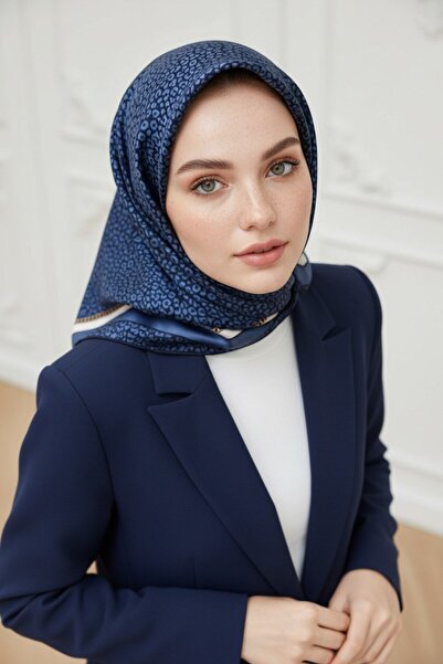 Vissona % 57 İPEK % 43 VİSKON Twill İpek Leopar Desenli Lacivert - İndigo Ren...