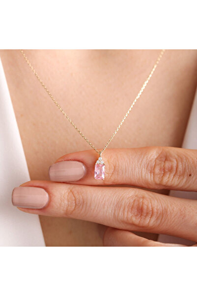 Sembol Gold Altın Baget Kolye Pink Topaz