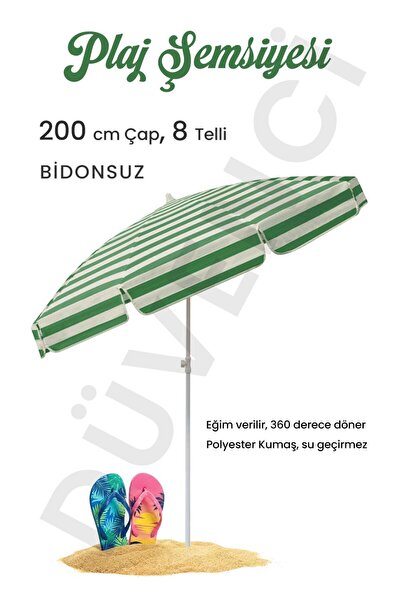 Düvenci Plaj Şemsiyesi 200 CM Çap Yeşil Beyaz 8 Telli Eğim Verilir BİDONSUZ v...