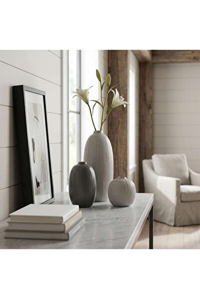 PAN HOME Trapp Set/3 Stoneware Knitted Textured Bud Vase - Multi Grey