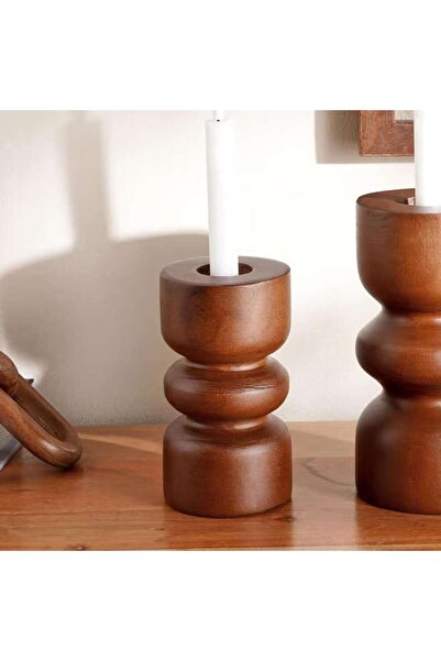 PAN HOME Almond Wooden Taper Candle Holder 9.5x9.5x18cm - Brown