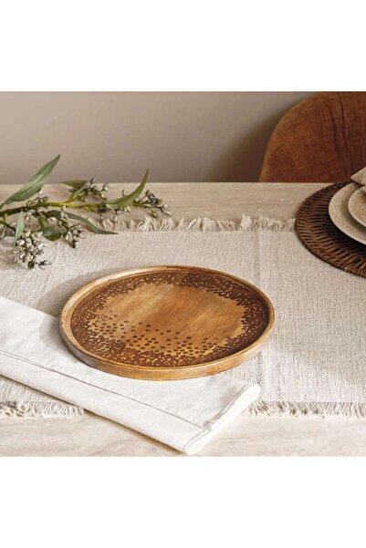 PAN HOME Savanna Mango Wood Etched Serving Platter Dia25x1.5cm -brown