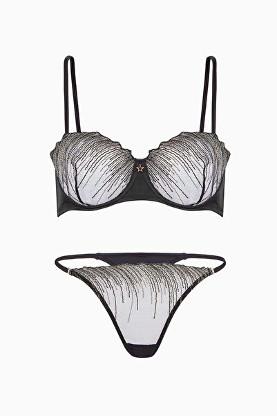 Wonna Fashion 2584 Set sutien și chiloți din țesătură de tul brodat cu fir de...