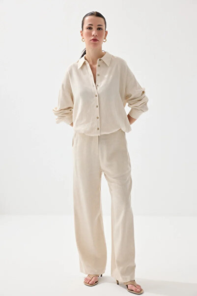 Gusto Wide Leg Linen Trousers - Beige