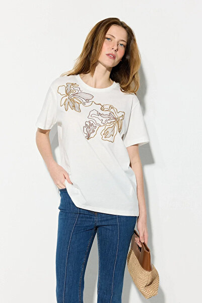Gusto Tricou din bumbac cu broderie florală - Alb