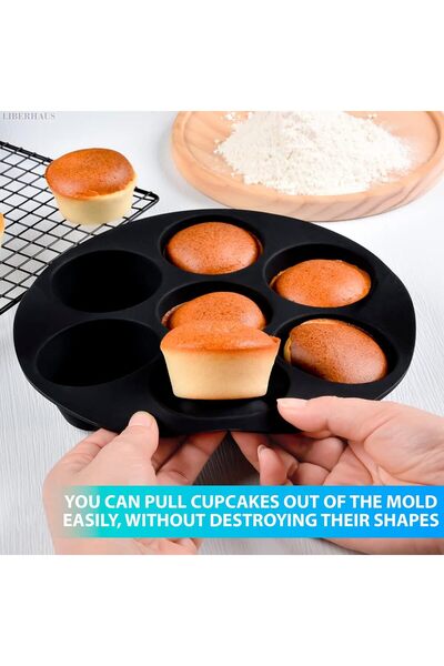 Generic Silicone Air Fryer Muffin Pan | 7-Cavity Non-Stick Cupcake & Muffin Mold | Black & Grey