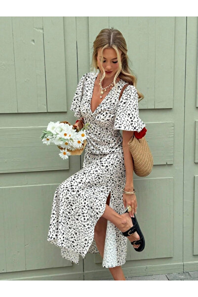 Generic Brand Women's Short Sleeve V-Neck Side Slit Floral Patterned Midi Sin...