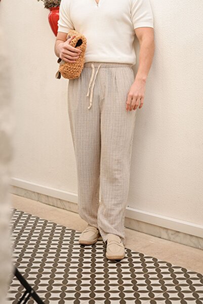 no7man Krabi Brown Striped 100% Cotton Men's Trousers