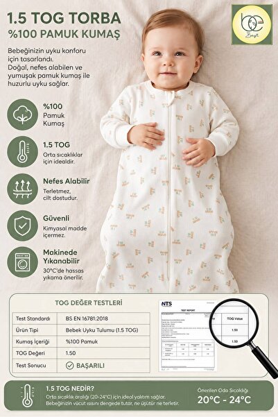 BEGİ 1.5 Tog Long Sleeved Inner Lining Swaddle Sleeping Bag 100% Cotton