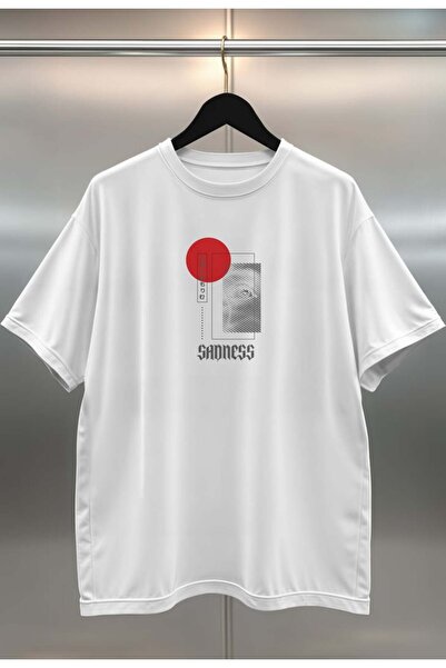 buzagi Sadness Digital Print Oversize Unisex White T-Shirt