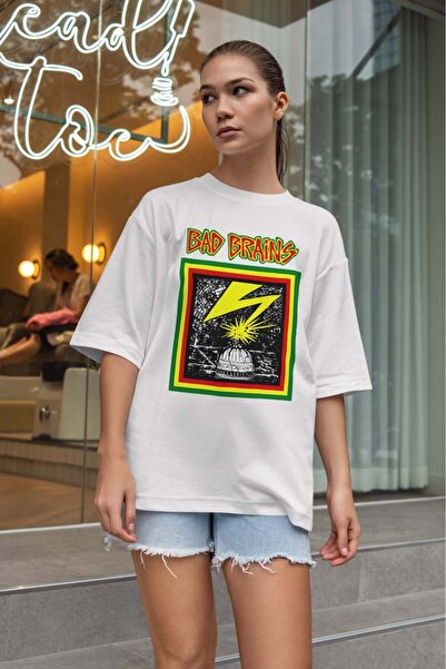 buzagi tasarım ürünleri Bad Brains Oversize Unisex White T-Shirt
