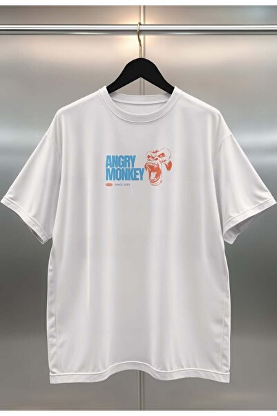 buzagi Angry Monkey Digital Print Oversize White Unisex T-Shirt