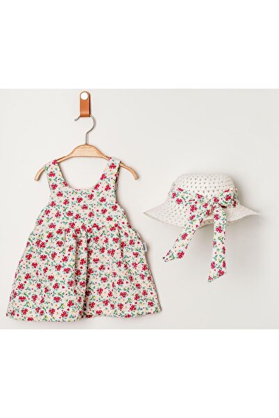 Chicsy Baby Tatlı Çilek Desenli Şapkalı Fiyonklu Kız Bebek Elbisesi