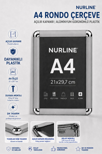 Nurline A4 Rondo Çerçeve - Afiş Çerçevesi - Belge Çerçevesi - Açılır Kapanır ...