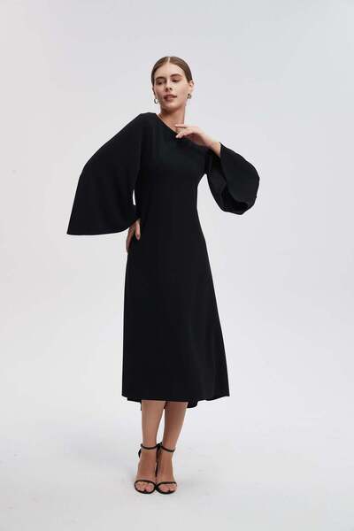 Livia Solid Midi Dress with Butterfly Sleeves