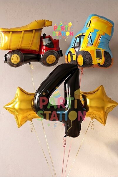 Parti Station Kamyon Dozer Kepçe Inşaat 4 Yaş Balon Set Yıldız Balon Set Kamy...