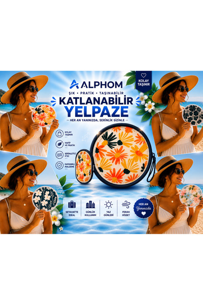 Alphom Desenli Katlanabilir Yuvarlak Yazlık Taşınabilir El Yelpazesi