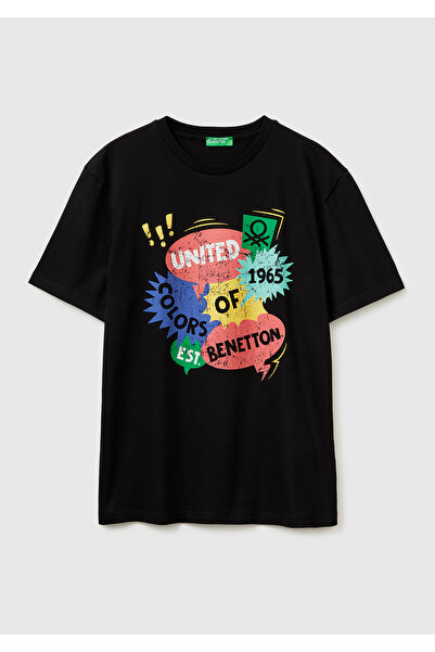 United Colors of Benetton تي شيرت رجالي أسود 100% قطن مطبوع عليه شعار وياقة د...