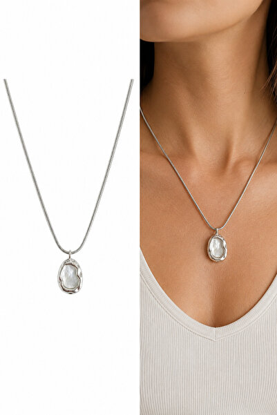 Arsaley Collection Mother-Of-Pearl Oval Plate Charm with Steel Chain 45 cm Su...