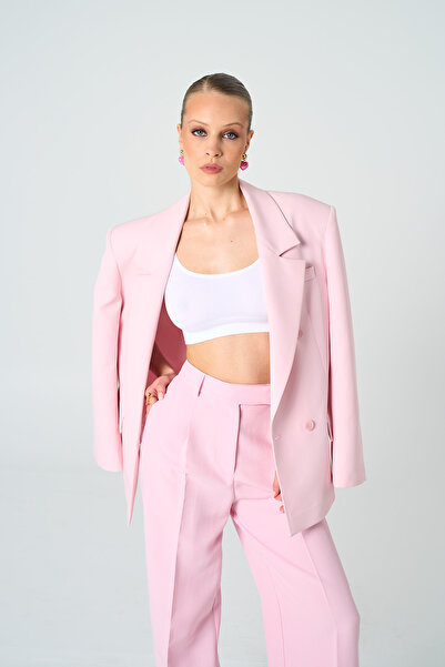 Thalure Kadın Pembe Oversize Kruvaze Blazer
