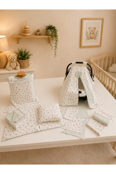 SALLHOMEE Mint Yeşili çiçek Desenli 14 Parça bebek seti