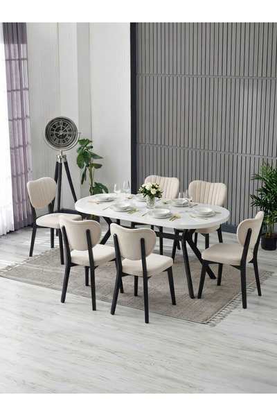 JoyMassa NOVA BEYAZ YEMEK MASASI TAKIMI (6 ADET ELMA SANDALYE/ 90X170 CM YEME...