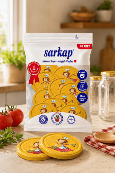 Sarkap Hijyenik Paketli 10 Adet Kavanoz Kapağı – Aşçı Kadın - Turuncu - 82mm