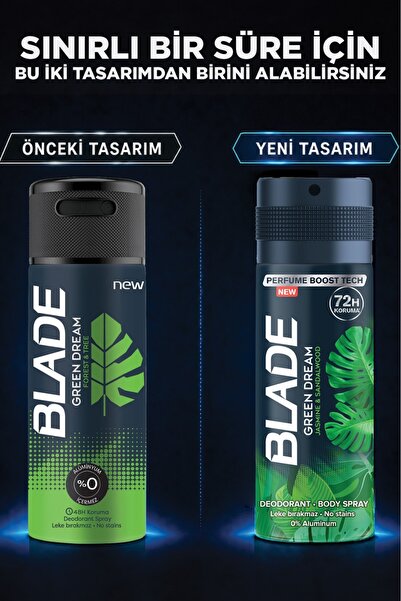 Blade Green Dream Erkek Alüminyumsuz Deodorant Body Spray 6x150ml Hızlı Kurur,Leke Bırakmaz
