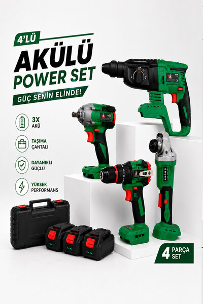Badem10 Akülü Profesyonel 4'lü Takım Seti Vidalama Hilti Darbeli Matkap Taşla...