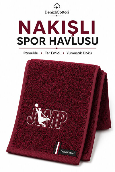denizlicotton Bordo Nakışlı Spor Havlusu 30x90 cm Pamuklu Ter Emici Fitness P...