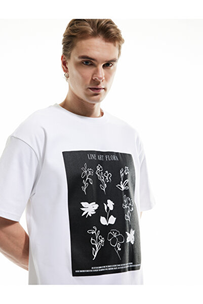 Koton Short Sleeve Cotton T-Shirt with Crew Neck and Floral Print Oversized T...