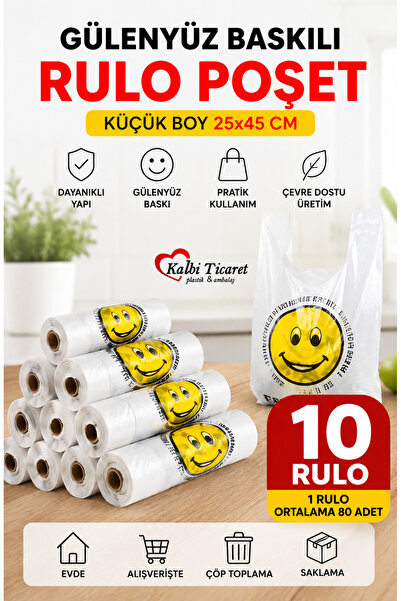 Kalbi Ticaret Rulo Poşet Küçük Boy 10 Rulo Gülenyüz Baskılı Poşet Hışır Atlet...