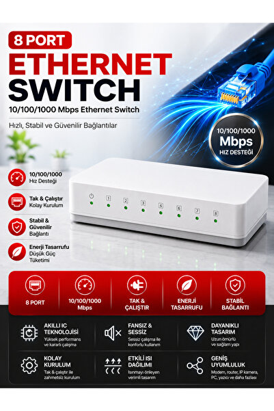 SepetteX 8 Port Ethernet Switch 10/100 Mbps RJ45 Network Switch LAN Ağ Çoğalt...