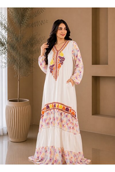 amaan Women's Embroidered Jalabiya Dress, Floral Design with V-Neck, Arabic D...