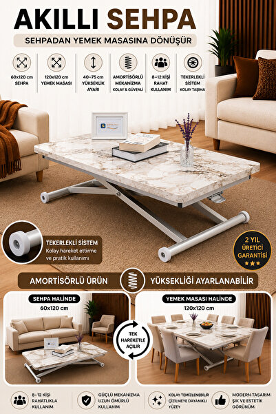 Smart Coffee Table Home Top Table Mdf White Marble Pattern Lower Mechanism Chrome Plated
