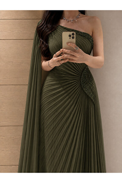 LITSHE فستان سهرة أنيق بكسرات بلون أخضر زيتي