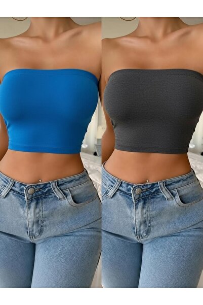 Olyssia Kadın 2'li Antrasit & Mavi Straplez Crop Top Büstiyer – Esnek Bandeau...